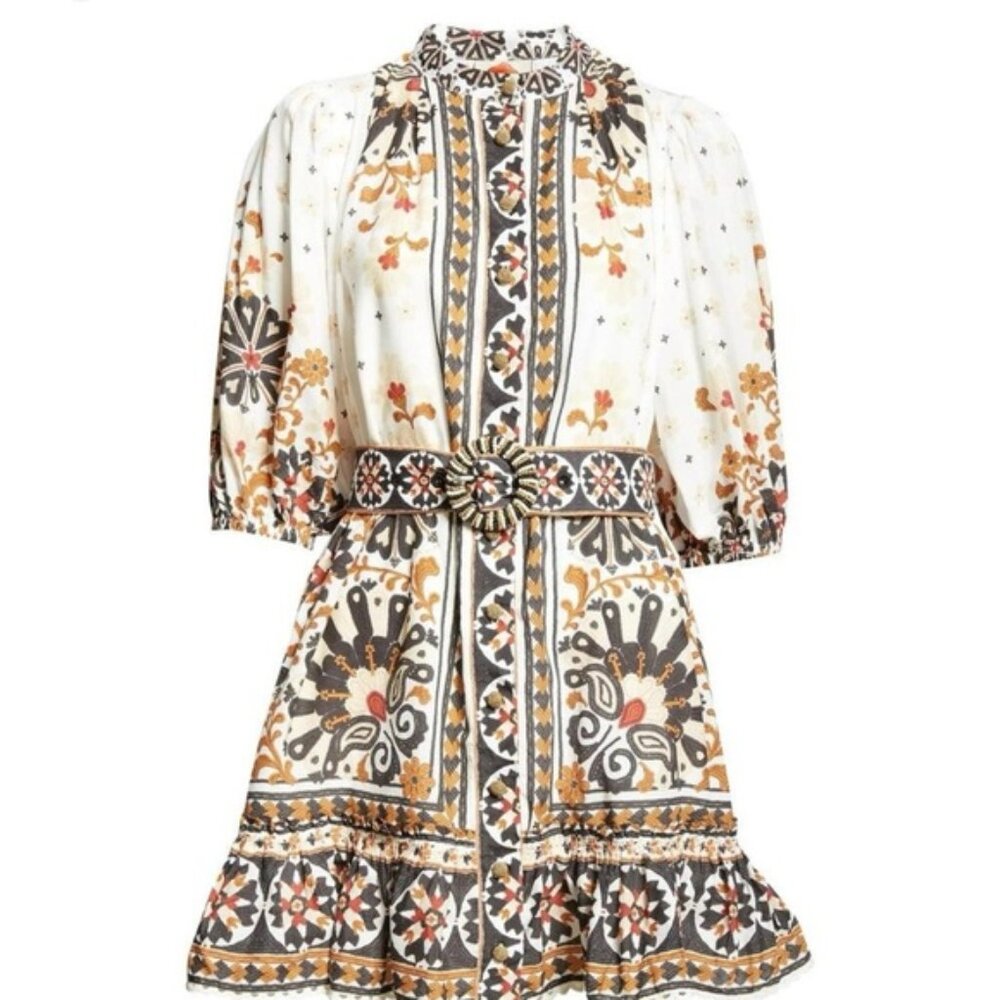 FARM Rio White and Brown Patterned Mini Dress